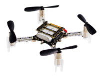 A Crazyflie quadcopter, a bare circuit board with four rotors